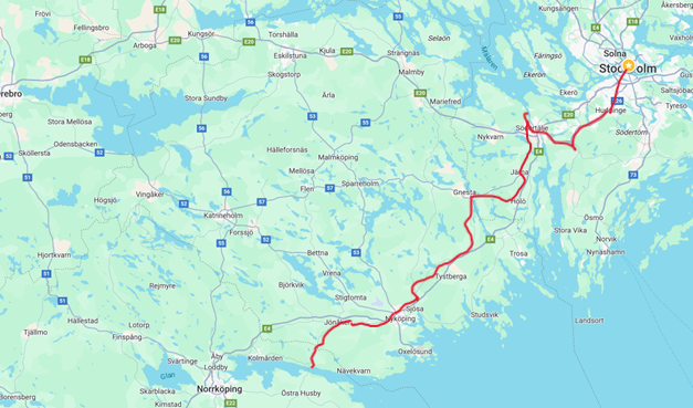 Mapa del recorrido en Suecia